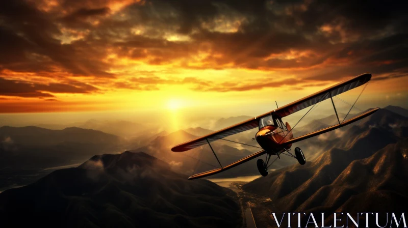 Vintage Biplane Flying Over Mountain Range at Sunset AI Image