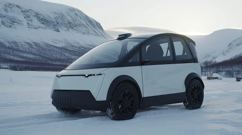 White Futuristic Car Driving on Snowy Road in Mountains