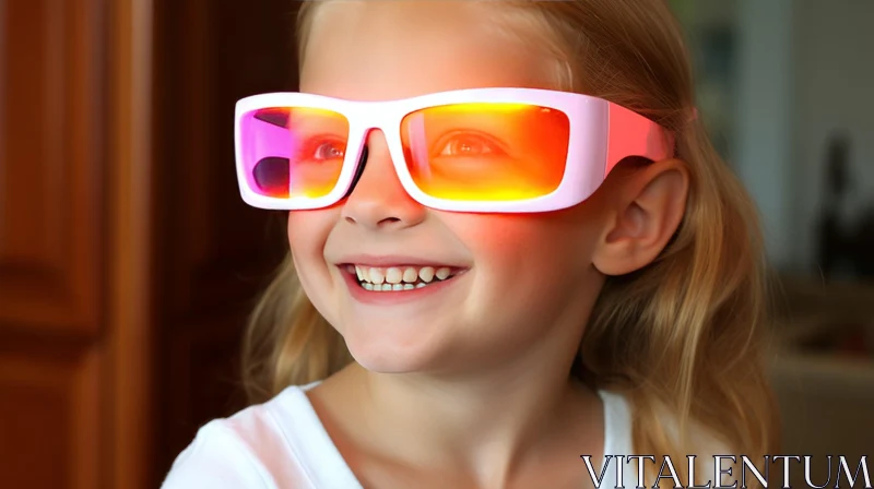 Close-up Portrait of a Smiling Girl with Pink 3D Glasses AI Image