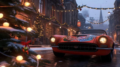 Enchanting Christmas Scene with Retro Car on Snowy Street