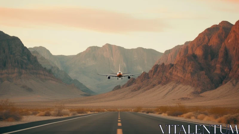 Low-Flying Passenger Plane Over Desert Highway AI Image