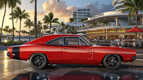 Red Dodge Charger in City Sunset Scene