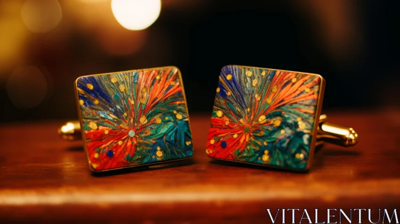 Unique Handmade Gold-Colored Cufflinks with Multicolored Firework Pattern AI Image