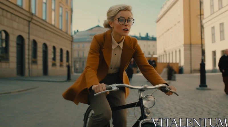 Young Woman Riding Bicycle in City AI Image