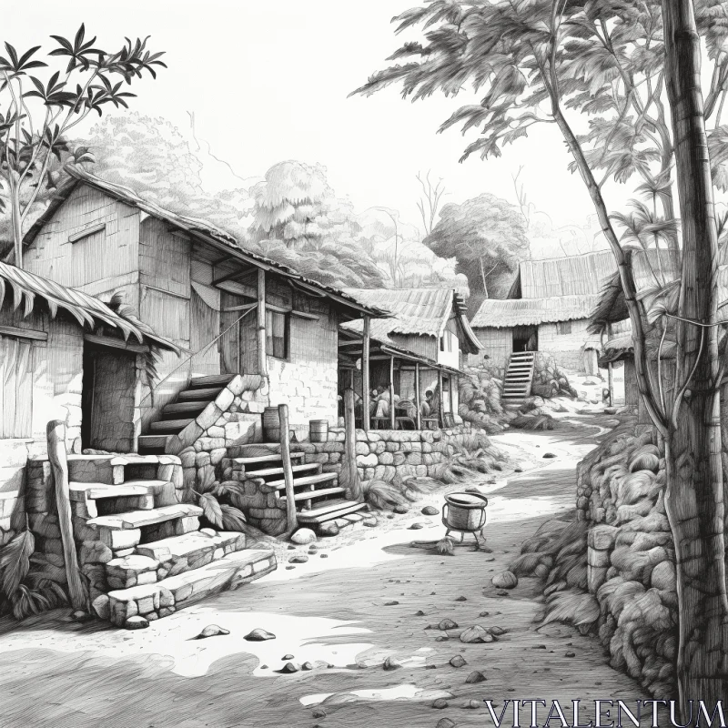 Captivating Village Road Illustration in Traditional Ink Style AI Image