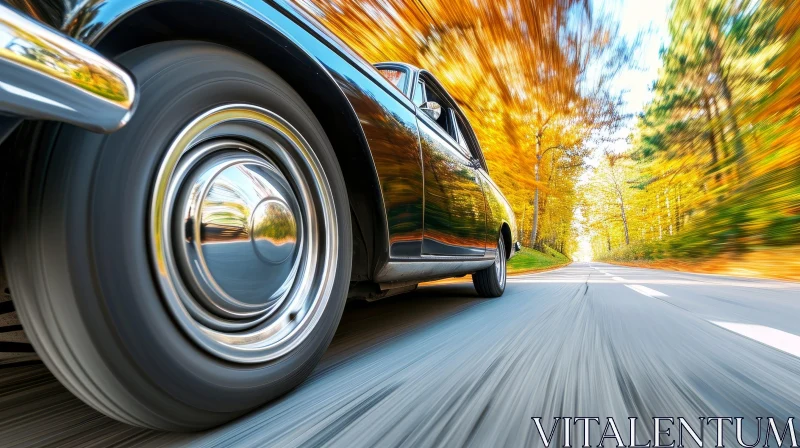 Vintage Car Speeding Through Autumn Forest AI Image