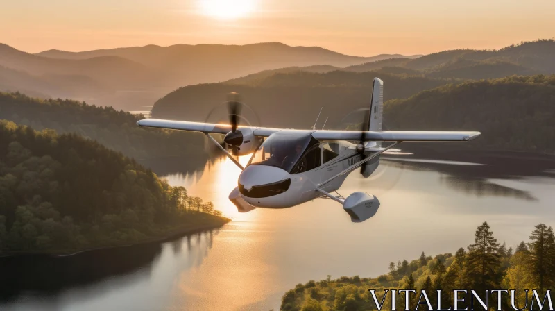 Graceful White Aircraft Flight Over Lake at Sunset AI Image