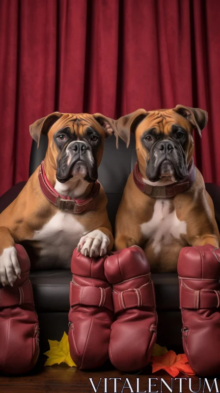 AI ART Serious-looking Boxer Dogs on a Couch with Red Curtain Background