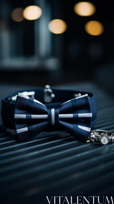 Sophisticated Blue and White Striped Bow Tie and Silver Wristwatch AI Image