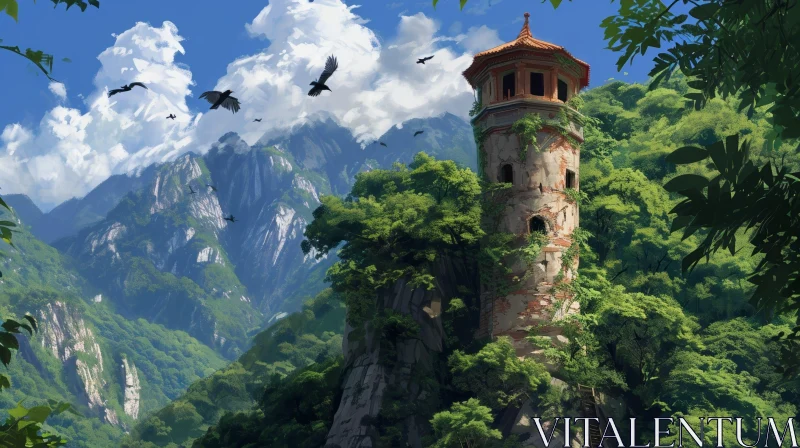 Tranquil Landscape: Ruined Tower on Rocky Hill AI Image