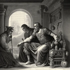 Captivating Black and White Engraving of a Man and a Woman in a Room