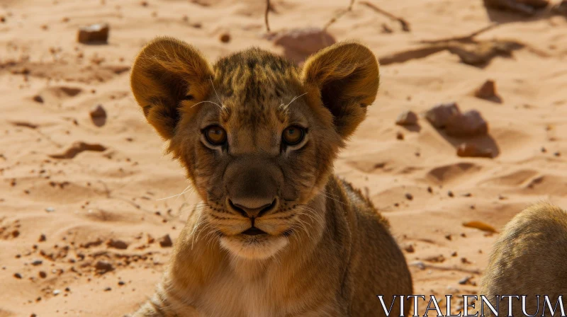 Close-up Lion Cub Sitting in Sand AI Image