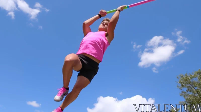 Male Athlete Pole Vaulting in Pink Tank Top AI Image