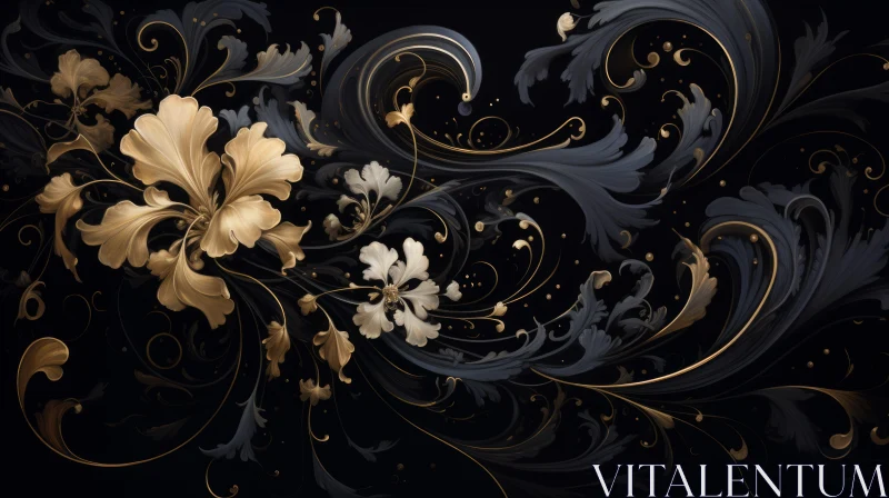 Dark Floral Pattern with Gold and Silver Elements AI Image