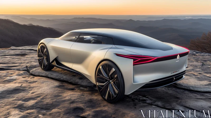 Futuristic Silver Car on Rocky Hilltop at Sunset AI Image