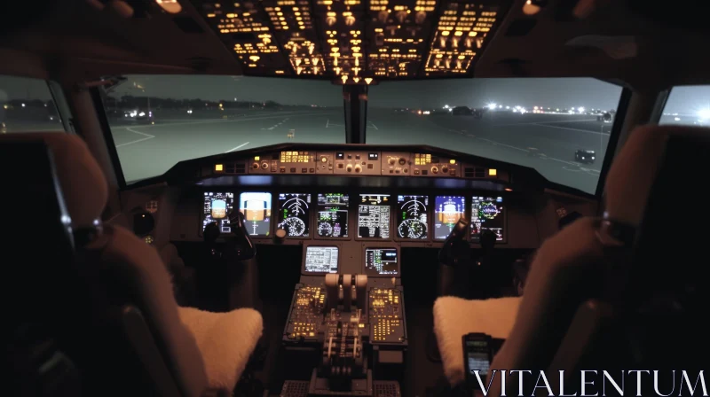 Night View Airplane Cockpit Pilot Runway AI Image