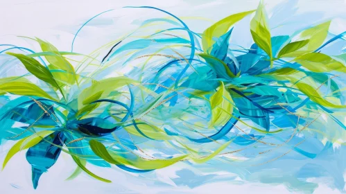 Blue and Green Abstract Plants Painting on White Background