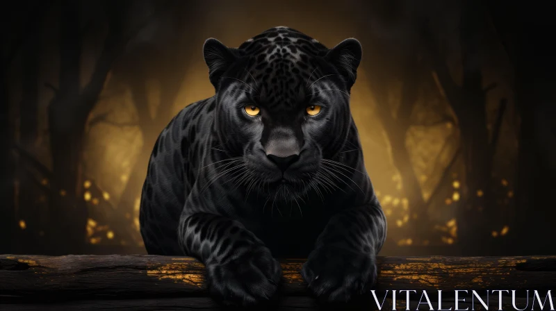 Dark Forest Encounter: Mysterious Black Panther on Tree Branch AI Image