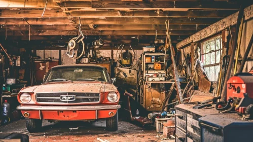 Abandoned Garage with Classic Red Mustang Car