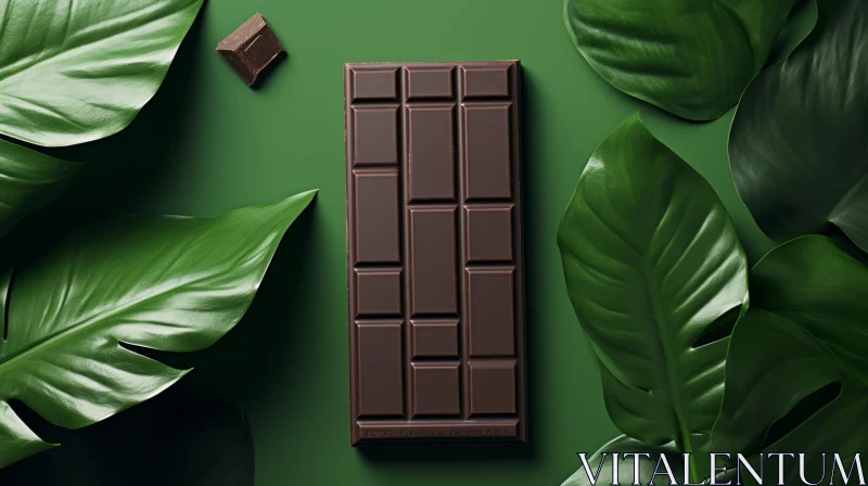 AI ART Dark Chocolate Bar Close-Up on Green Background