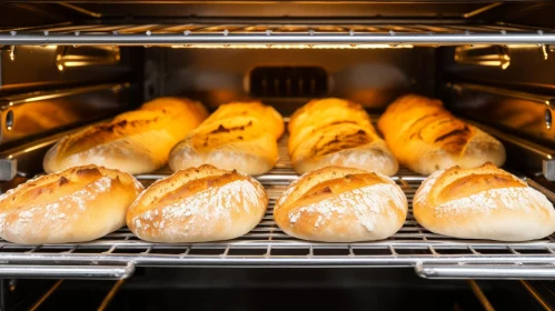 Deliciously Baked Bread Rolls in a Golden-lit Oven