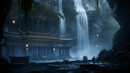 Enchanting Waterfall Landscape with Jungle Temple