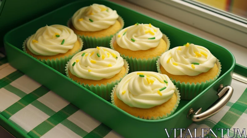 Green Cupcake Box with Vanilla Frosted Cupcakes AI Image