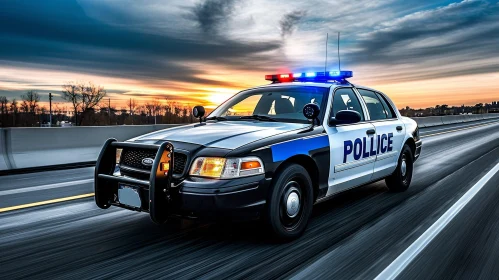 Police Car with Flashing Lights on Highway at Sunset