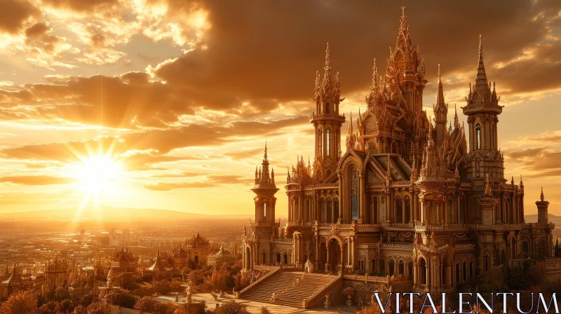 Golden Castle Sunset: Majestic Fantasy Scene AI Image
