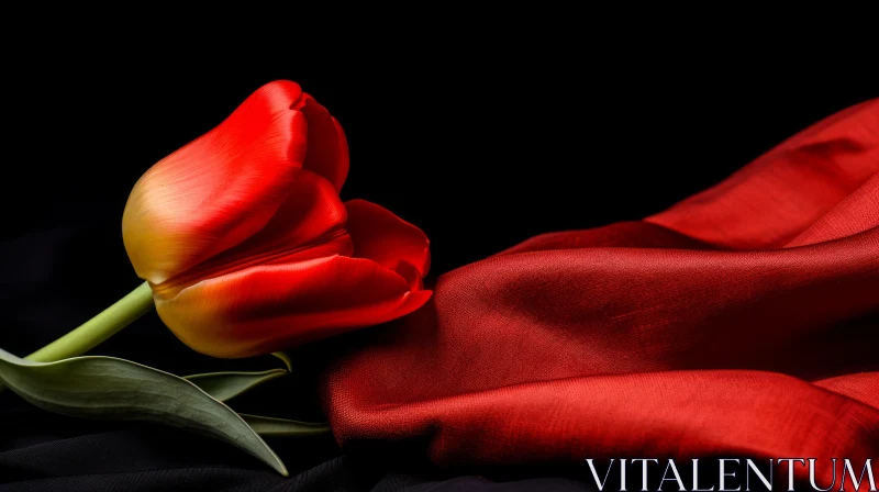 Red Tulip Still Life on Black Background AI Image