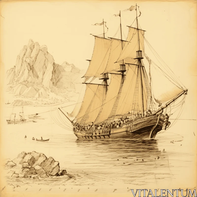 AI ART Vintage Sketch of a Sailing Ship in the Sea | Historical Genre Scene