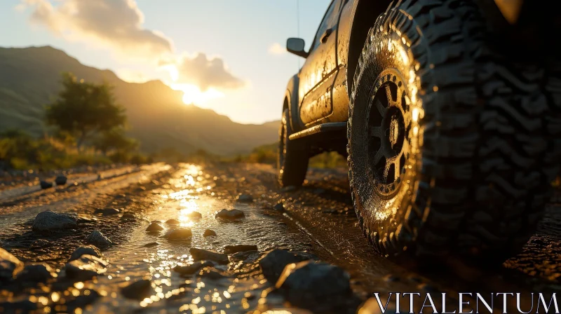 Black Pickup Truck Driving on Wet Dirt Road at Sunset AI Image