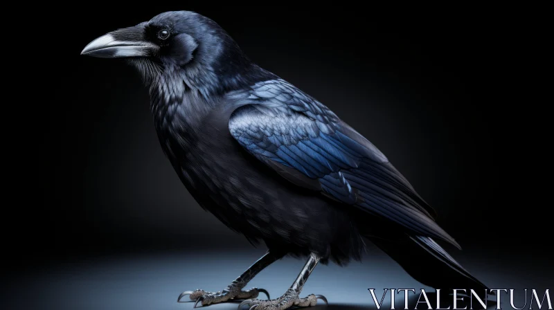 Black Crow with Blue Sheen Standing on Dark Surface AI Image