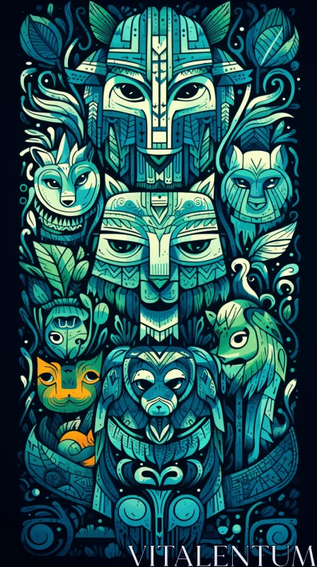 Captivating Blue and Green Drawing of Animals in Indigenous Design AI Image