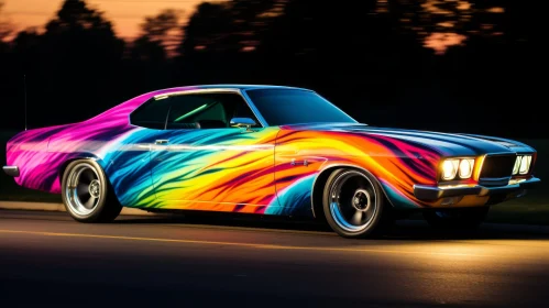 Classic Muscle Car with Psychedelic Paint Job at Night