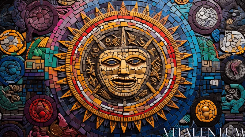 Mosaic Sun Mural: A Stunning Artistic Composition AI Image