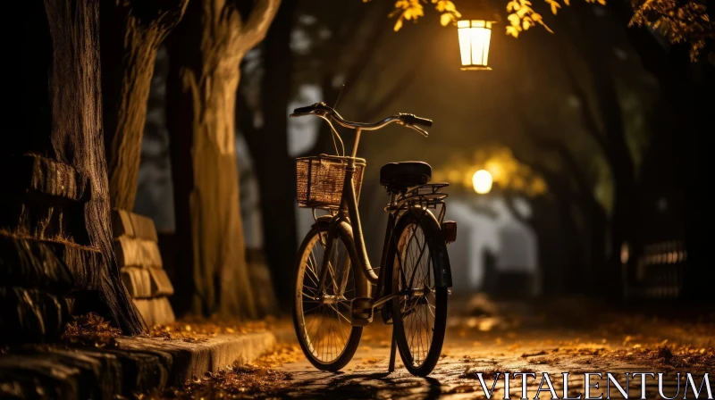 Night Park Scene: Illuminated Bicycle in Mystery Setting AI Image