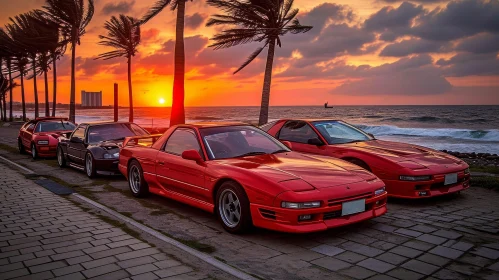 Red Sports Cars at Sunset on Waterfront Promenade