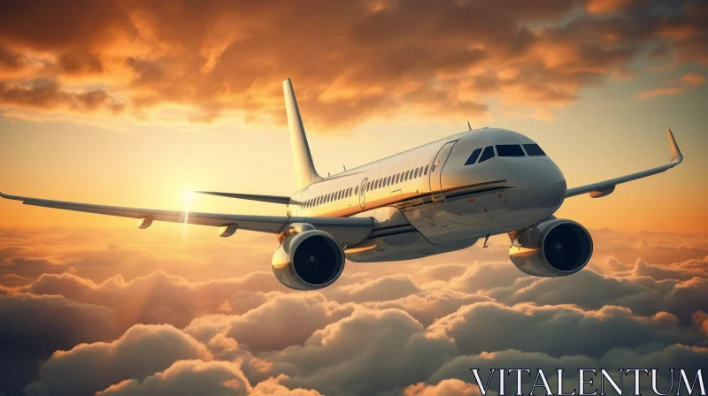 Spectacular Sunset Flight: Modern Passenger Airplane Above Clouds AI Image