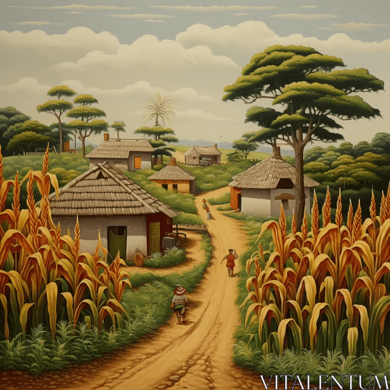 Stylized Realism Village Painting with Cornfields and Detailed Shading AI Image