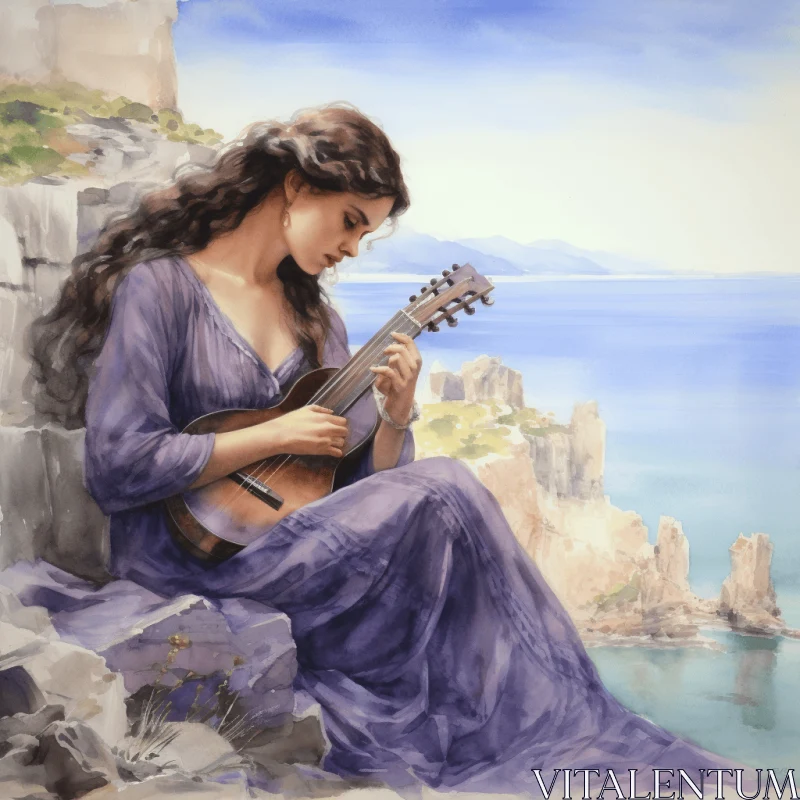 Captivating Portrait of Woman Playing Guitar in Fantasy Style AI Image