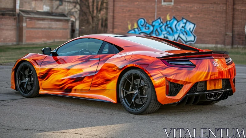 Flame Painted Sports Car in Urban Setting AI Image