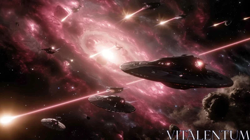 Intense Space Battle Scene with Diverse Spaceships and Explosions AI Image