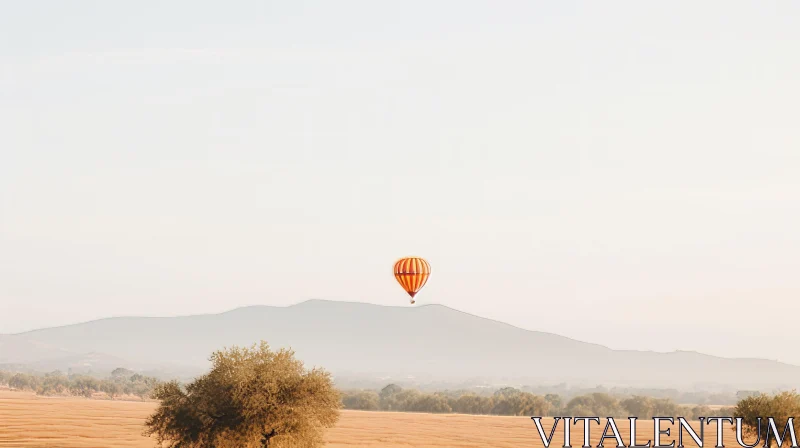 Tranquil Hot Air Balloon Scene Over Wheat Field and Mountain AI Image
