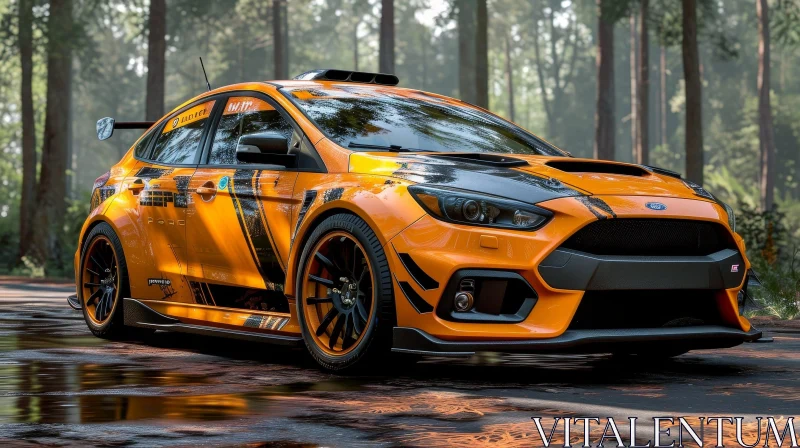 Yellow and Black Ford Focus RS Car in Forest AI Image