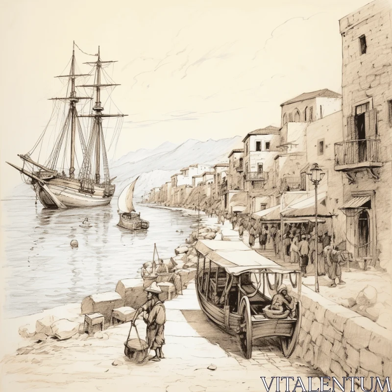 Detailed Drawing of an Old Port in Sepia Tone | Traditional Oceanic Art AI Image