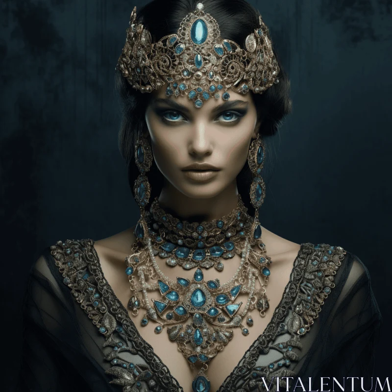 Exquisite Portrait of a Beautiful Girl in a Blue Dress with Ancient Jewelry AI Image