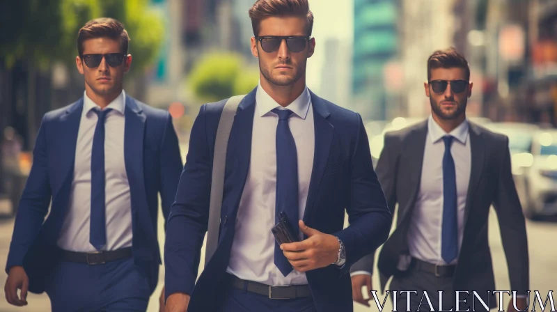 Urban Scene: Three Men in Suits Walking City Street AI Image