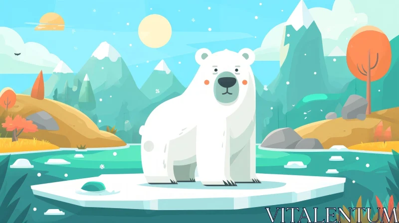 Arctic Cartoon Illustration: Polar Bear on Ice Floe AI Image
