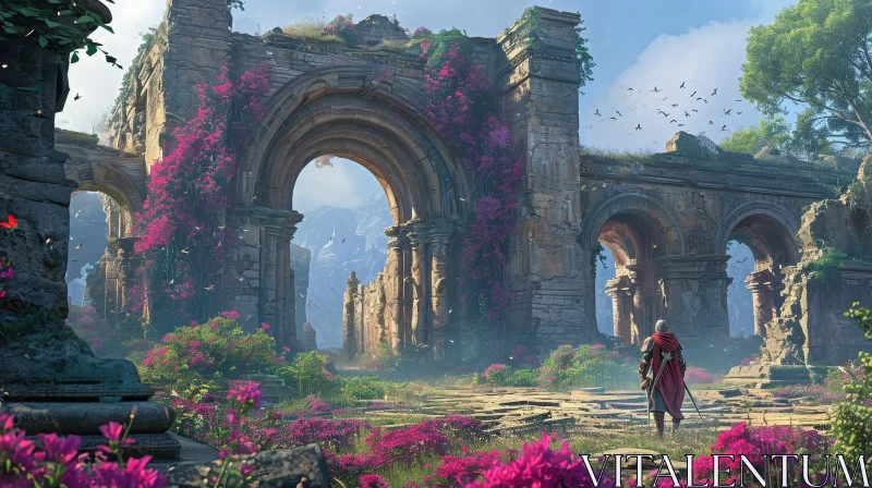Enigmatic Ruined City Landscape with Knight and Flowers AI Image